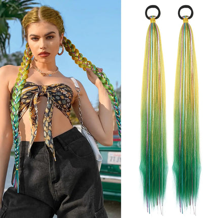 26 Inch Hair Tinsel Colored Braided Ponytail Extension 1/2 Pack Blue Pink Gradient Hair Extensions Synthetic Ponytail