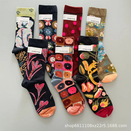 Bonne Maison French Small Batch Women's Fun Oil Painting Style Mid-Calf Cotton Dopaamine Colorful Socks Moisture Wicking Sweat