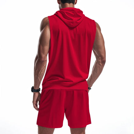 Men's Suit Sleeveless Hoodie Two-Piece Set | Fitness Training Zipper Hoodie Vest & Loose Drawstring Shorts Set (Multiple Colors)