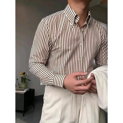 2025 Bubble Shirt Stripe Long Sleeve Men's Business Casual Neck Button Pointed Collar Autumn Fashion Versatile Shirt