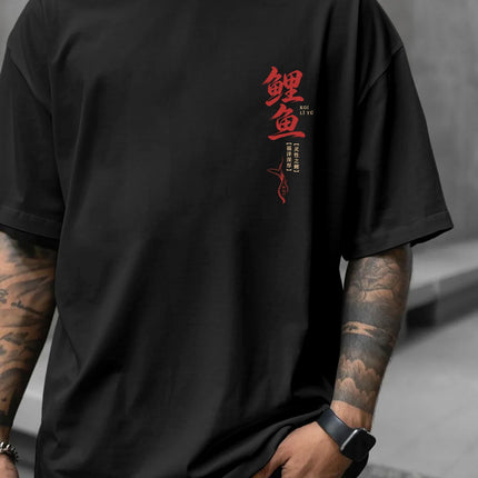 New Men's Koi Fish Fortune T-Shirt Japanese Lotus Print Streetwear Crew Neck Short Sleeve Polyester Tops S-XXL