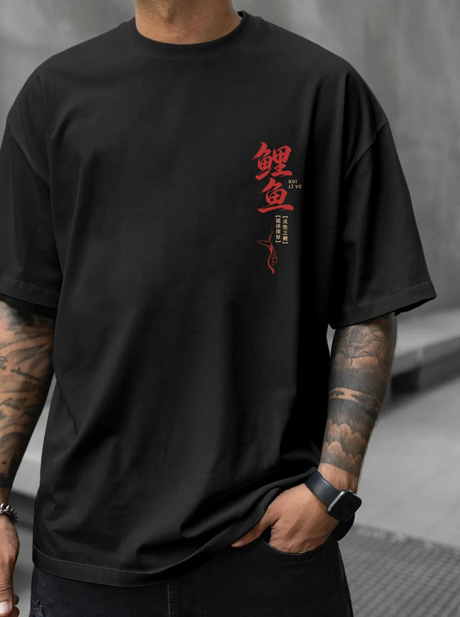 New Men's Koi Fish Fortune T-Shirt Japanese Lotus Print Streetwear Crew Neck Short Sleeve Polyester Tops S-XXL