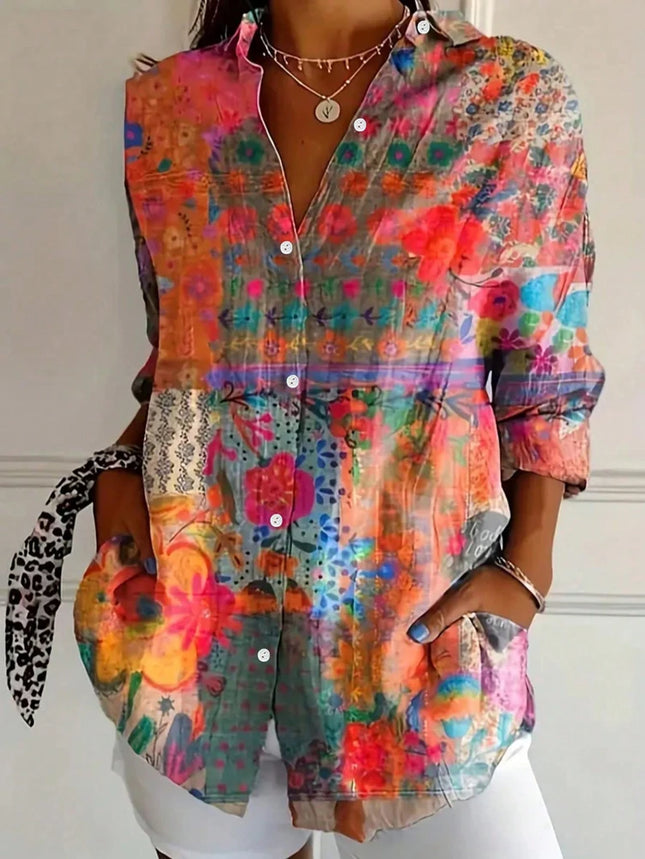 Ladies Plus Size Vintage Design Floral Print Long Sleeve-Casual Button Down Shirt Casual Shirt Daily Home