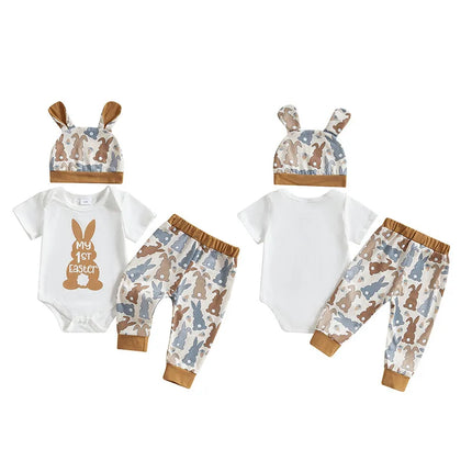 0-18months Baby Girl Boy Easter Outfit Bunny Print Short Sleeve Romper Long Pants Hat with Rabbit Ears 3 Pcs Set