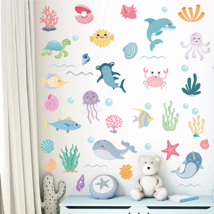 Cartoon Marine Life Wall Stickers for Kids Room Bathroom Wall Tile Decals Octopus Sea Turtle Fish Wall Posters Home Decoration