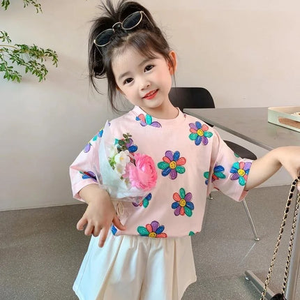 1pcs Summer Kids Flower Print Tops Clothes Girls Korean Style Shirt Children Short Sleeve T-shirts Child Casual Comfort T Shirs