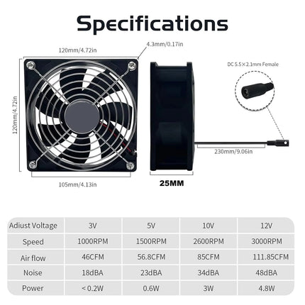 High Speed Axial Muffin Fan 110V 120V AC 120mm x 38mm Dual Ball for DIY Cooling Ventilation Exhaust Projects
