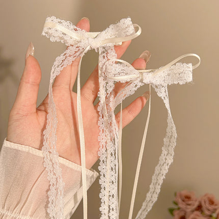 Fashion Y2K Lace Cream White Bow Ribbon Hair Clip for Women Hairpins Bullet Style Side Shredded Hairpin Headpiece Clip Headwear