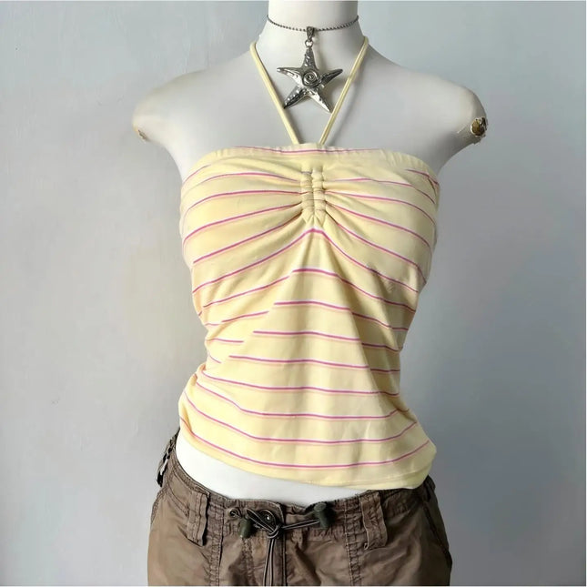 Girls' style striped color matching retro pleated design neck vest slim backless sexy 2026 new stylish ladies spice vest