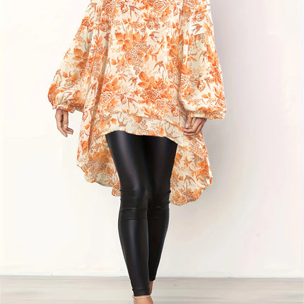 Plus size women's spring & summer solid color polyester non-elastic long back hem elegant lantern sleeve chiffon long sleeve top