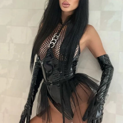 Tornova Sexy Female Lingerie Patent Leather Patchwork Mesh Hollow Out See-through Interesting Garters Women's Underwear Jumpsuit