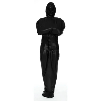 Exotic Wetlook PVC Leather Full Catsuit with Wide Belt Unisex Bondage-Sack Hooded Bodysuit Fetish Sexy Body Bag Sleepsack Custom
