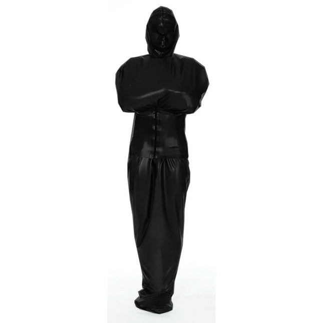 Exotic Wetlook PVC Leather Full Catsuit with Wide Belt Unisex Bondage-Sack Hooded Bodysuit Fetish Sexy Body Bag Sleepsack Custom