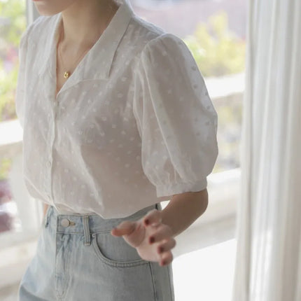 Ele ort Sve Chiffon irt Women's Summer Faion Design Sensation Unique Fairy Aosphere Sli Bubble Sve Blouse