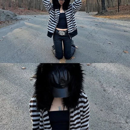 Goth Aesthetic Women Hoodie Harajuku Retro Y2K Emo Girl Fur Collar Cardigan Sweatshirt Rock Punk Hip Hop Casual Loose Streetwear