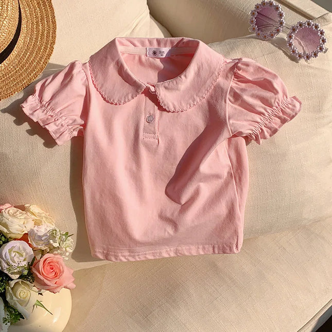 Solid Button Polo Shirt For Girls Cute Children Clothes Casual Short Sleeve T-shirt