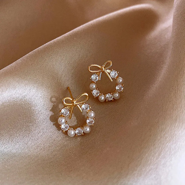 FTCY Minimalist Round Bow Knot Earrings For Women Rhinestone Imitation Pearl Stud Earrings Party Wedding Jewelry Gifts