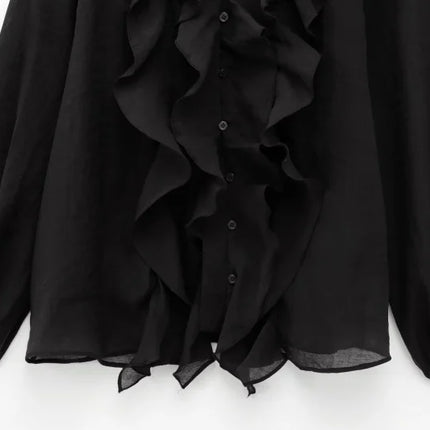 ETJ 2025  Women's Spring collection Beautiful Layered blouse Stylish sexy translucent ruffled V-neck long-sleeved shirt