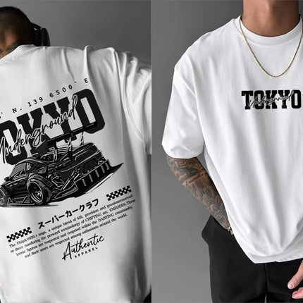 Men's short-sleeved t-shirt, printed with racing cars, English graphics, loose fit, fashionable, casual, round neck top, spring/summer