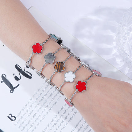 Hot Sale Premium 15mm Natural Stone White Shell Five Leaf Flower Bracelet Gold Silver Lucky bangle For Women Girls Party Daily