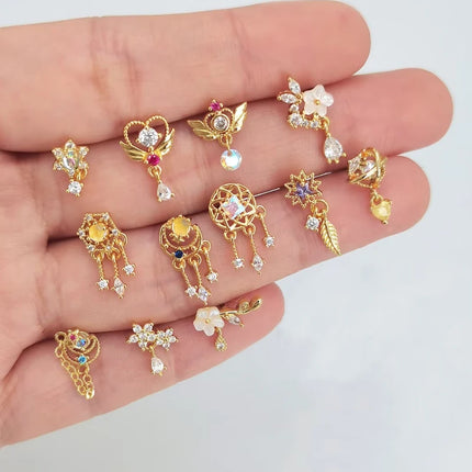 1Piece Fashion L Shaped Dangle Nose Studs Piercing 20G Stainless Steel Flower Moon Tassels Zircon Nostril Screw Piercing Jewelry
