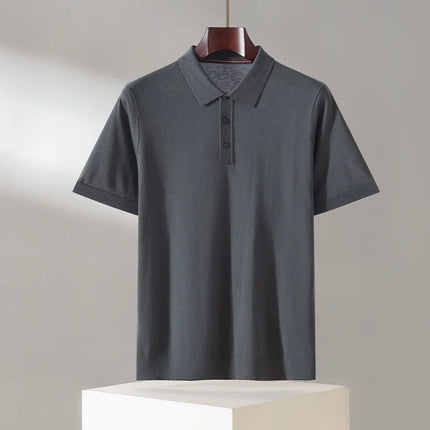 100% Lyocell men's T-shirt casual solid color knitted pullover short sleeved loose POLO collar Tees Pull on vest Tops