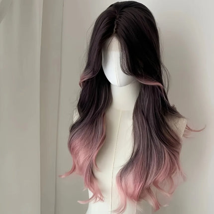 Black to Blue/Pink/Black Ombre Long Wavy Wig Natural Fluffy Body Wave Heat Resistant Synthetic Hair Daily & Party.
