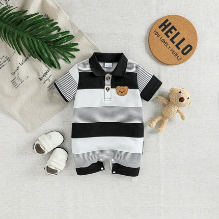Baby Boys 2026 Cute Striped Summer Short Sleeve Turn-down Collar Bodysuit For 0-1Y Casual Daily Wear Romper