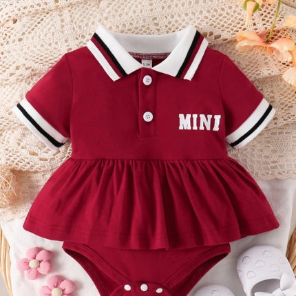 Baby Girl Red Polo Dress Set, Short-Sleeve "MINI" Letter Print Ruffled Dress with Bodysuit, Toddler Casual Outfit
