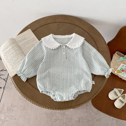Ready Stock Newborn Jumpsuit Baby Girls Peter Pan Collar Drawstring Long Sleeves Elegant Check Romper 0-2yrs