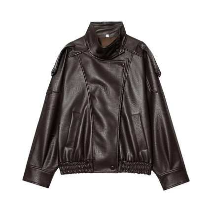 MUJER Black Faux Leather Jackets for Women Outerwears Office Women's Bomber Jacket Snap Button Demi-season Jacket for Women Coat