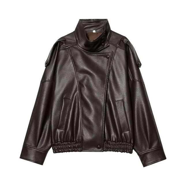MUJER Black Faux Leather Jackets for Women Outerwears Office Women's Bomber Jacket Snap Button Demi-season Jacket for Women Coat