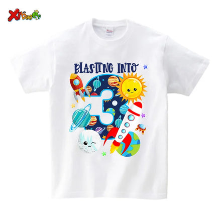 Boys Outer Space Birthday Shirts Girl Custom Outfit Rocket Children's Summer Cotton Top Clothing Set Clothes Children Clothing