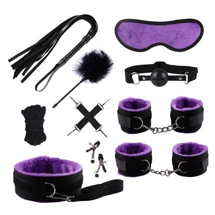 Adult Erotic Nylon Bondage BDSM Kit with Handcuffs Sex Whip Mouth Gag Soft Fox Tail Anal Plug for Women Sexy Games