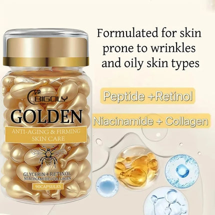 90 Capsules/Bottle Anti-Aging Facial Skin Care Essence Capsules, Rich in Retinol, Collagen and Other Ingredients, Moisturizing, Firming, and Nourishing, for Daily Use by Women, Packaged in Capsules, Safe and Hygienic, Easy to