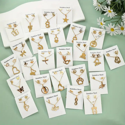 5/10/15/20Sets Fashion Butterfly Flowers Heart Stainless Steel Earrings and Necklace Set Mix Style Daily Trendy Jewelry Party