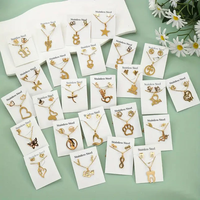 5/10/15/20Sets Fashion Butterfly Flowers Heart Stainless Steel Earrings and Necklace Set Mix Style Daily Trendy Jewelry Party