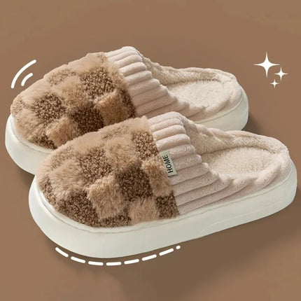 Fashion Couple Winter Toe Wrap Warm Plaid Plush Slippers Men Women Thick Soft Sole Slides Indoor Floor Flat Home Non-slip Shoes