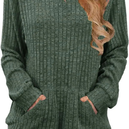Plus size fashion women's solid color ribbed hooded casual long sleeve sweatshirt with pockets