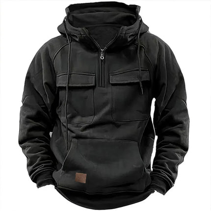Men's Muscle Movement Workwear Style Spring-Autumn New Model Fashion Solid Color Multi-Pocket Long-Sleeved Hooded Sweatshirt