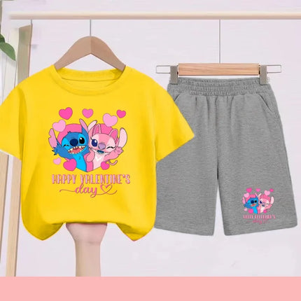 Disney 2026 Summer Round-neck Short-sleeved Set Girl Stitch Printed T-shirt Fashion Child Top+Shorts Casual Daily Sportswear Set