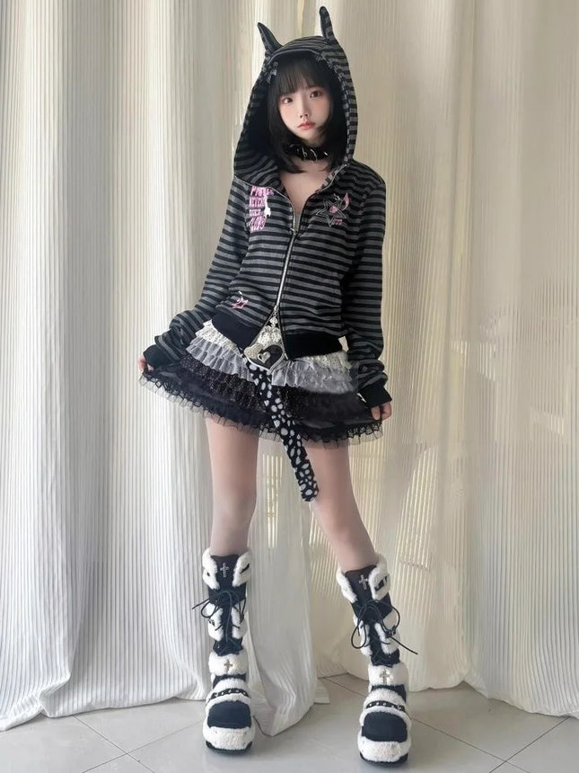 Gothic Y2k Coats Harajuku Gothic Women Hooded Zip Up Patchwork Japanese Fashion Sweatshirts Slim Gyaru Grunge Autumn Jackets