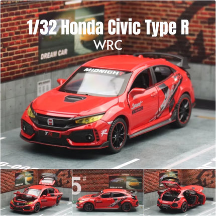 1/32 Honda Civic Type R Toy Car For Children Diecast Miniature Model Pull Back Doors Openable Sound Light Collection Gift Boys