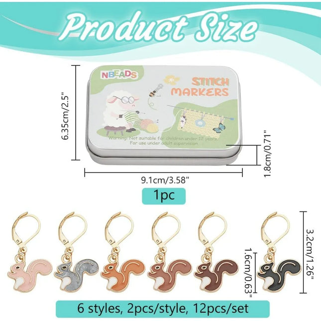 12 Pcs 6 Colors Squirrel Stitch Markers Alloy Enamel Crochet Stitch Marker Locking Stitch Marker with Leverback Clasp making kit