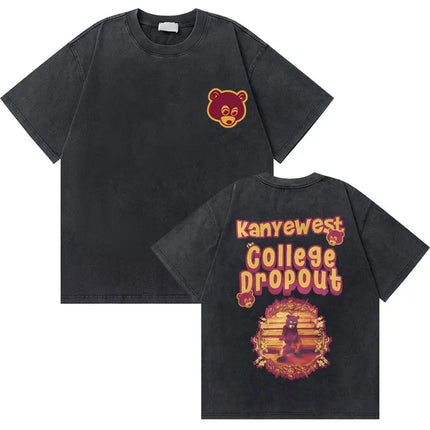 Washed Vintage Rapper Kanye West Graduation Bear Graphic T Shirt Men Pure Cotton T-shirt Men's Hip Hop Fashion Oversized Tshirt