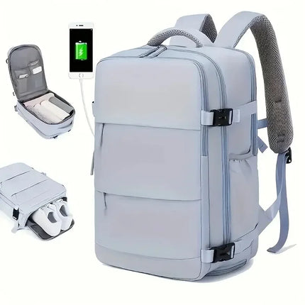 Water-resistant independent shoe compartment backpack with railing, USB interface travel bag, large-capacity storage bag