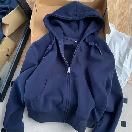 Early Autumn Chic Casual Hoodie Jackets Slim Fit Long Sleeve Cropped Top Zip-up Warm Cardigan Korean Style Hooded Sweatshirt