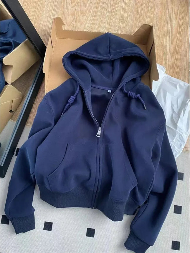 Early Autumn Chic Casual Hoodie Jackets Slim Fit Long Sleeve Cropped Top Zip-up Warm Cardigan Korean Style Hooded Sweatshirt