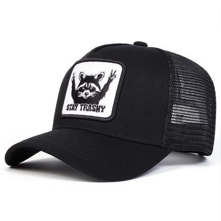 Unisex STAY TRASHY Raccoon Embroidery Baseball Net Caps Spring Summer Outdoor Adjustable Casual Hats Sunscreen Hat Sports Cap