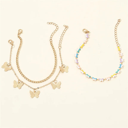 3pcs/set Layered Butterfly Anklet Set: Stackable Foot Jewelry for Beach Days & Free-Spirited Style.